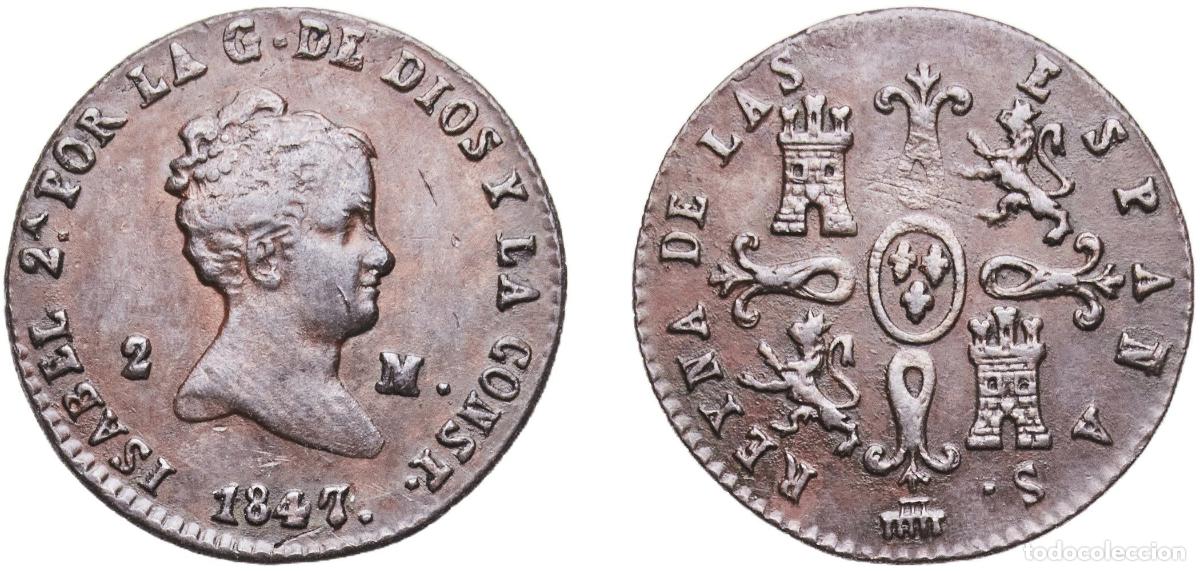 Monete da Spagna: Spain Kingdom 1847 2 Maravedis - Isabel II Copper Segovia Mint 2.17g XF KM 532.4 Cal 559 Aureo 59