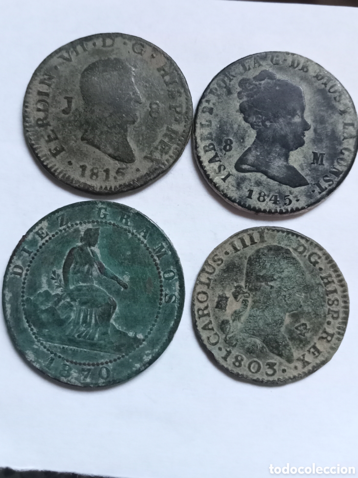 Coins of Spain: CARLOS IV -FERNANDO VII- ISABEL II- GOBIERNO PROV.- 4 MONEDAS