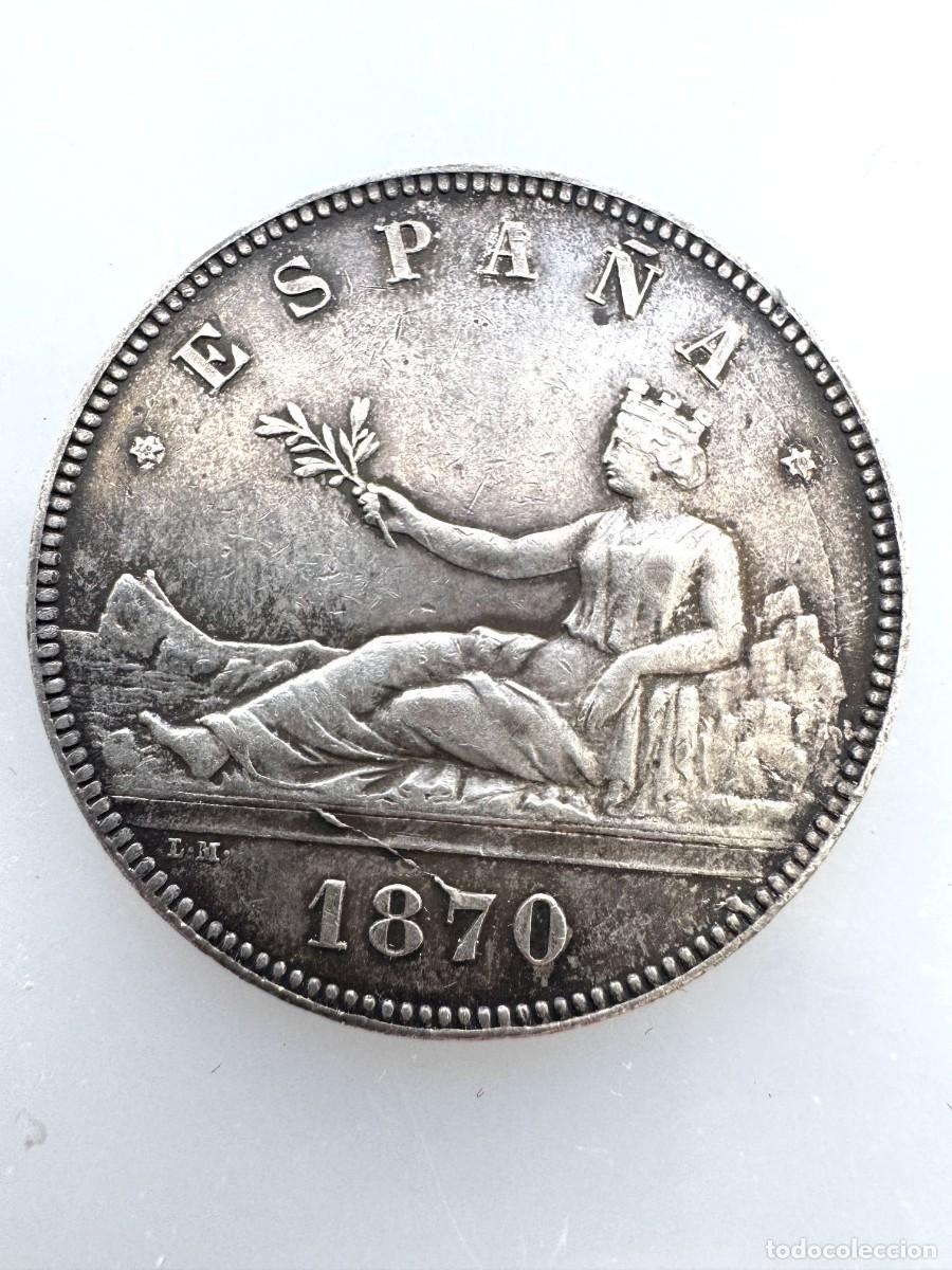 Coins of Spain: Gobierno Provisional. 5 Pesetas 1870* (18-70)SNM. Fant&aacute;stica p&aacute;tina monetario EBC-/ choice VF
