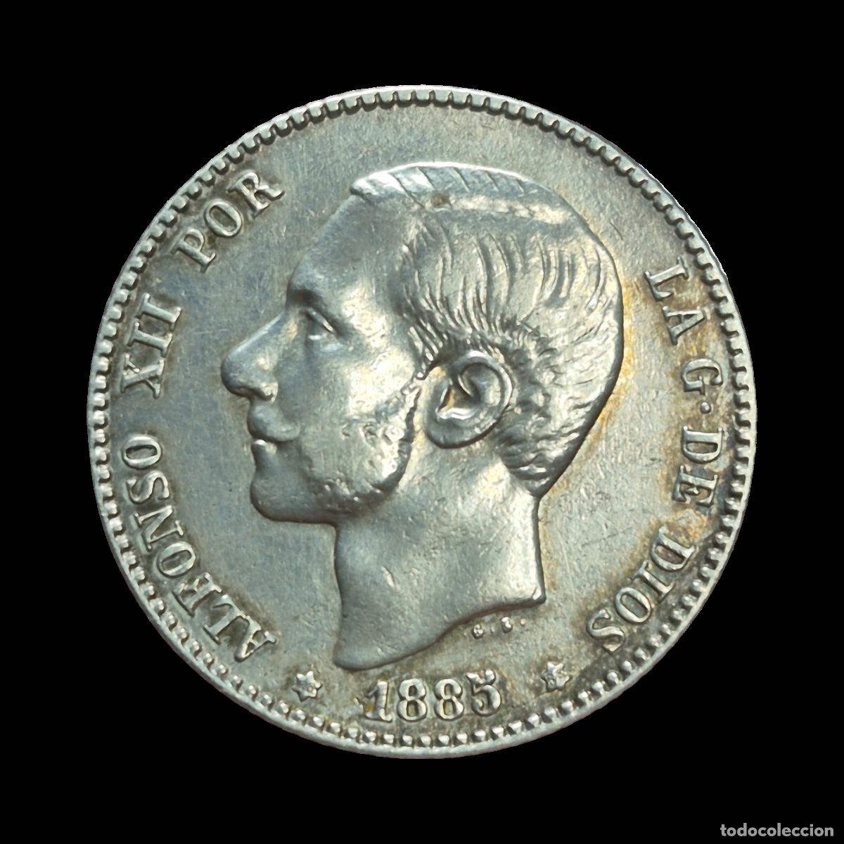 M&uuml;nzen von Spanien: NT/ ALFONSO XII 1 PESETA PLATA 1885 *18 *85 ESPECTACULAR VEA VIDEO (E196)