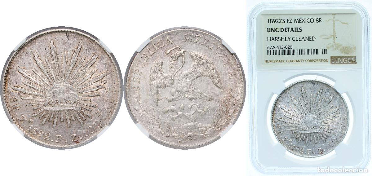 Monedas de Espa&ntilde;a: Mexico 1892 Zs FZ 8 Reales Silver (.903) Zacatecas Mint (4238000) 27.07g NGC UNC KM 377