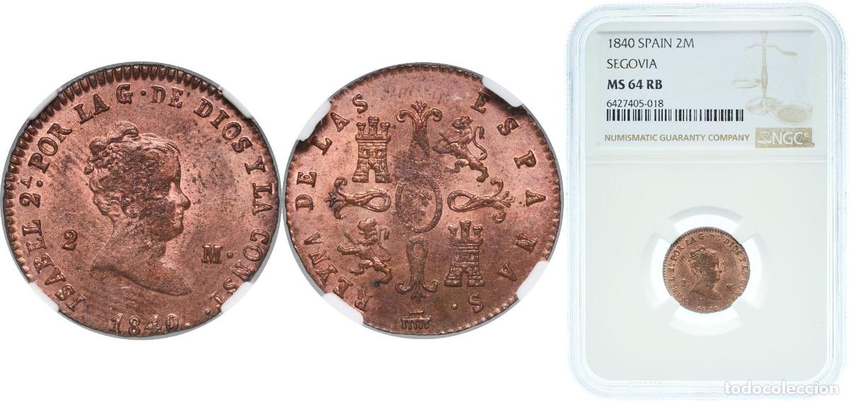 Monedas de Espa&ntilde;a: Spain Kingdom 1840 2 Maravedis - Isabel II Copper Segovia Mint NGC MS 64