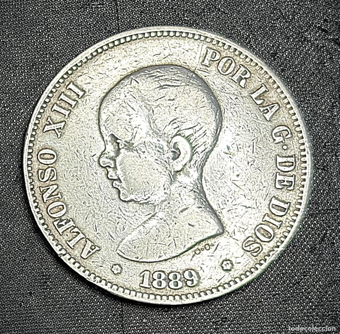 Monedas de Espa&ntilde;a: ESPA&Ntilde;A- moneda de 5 pts de plata 900. mil - a&ntilde;o 1888 - estrellas *18 - 89* - buen ejemplar ver fotos