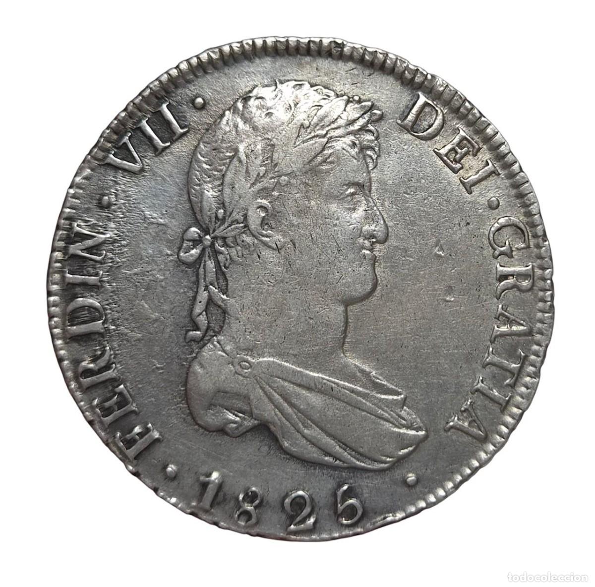 Monedas de Espa&ntilde;a: Fernando VII. 8 Reales 1825 Potos&iacute; JL 26,9 gr Ultima acu&ntilde;aci&oacute;n en el virreinato del Per&uacute; MBC
