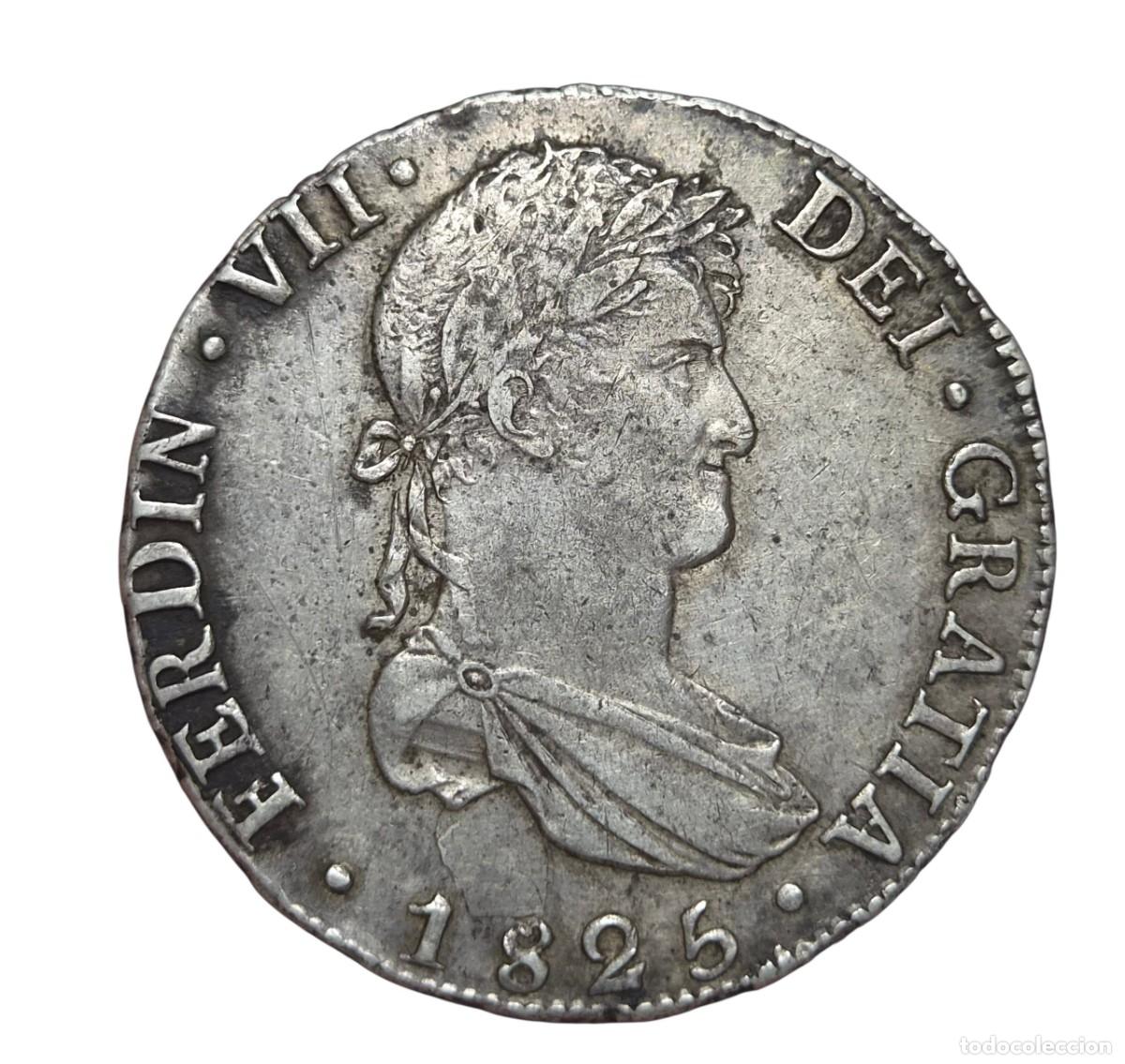 Monedas de Espa&ntilde;a: Fernando VII. 8 Reales 1825 Potos&iacute; JL. 27 gr Ultima acu&ntilde;aci&oacute;n en el virreinato del Per&uacute;. MBC+