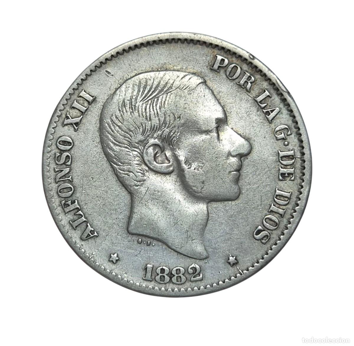 Monedas de Espa&ntilde;a: Lote de 2 monedas. Alfonso XII 50 Centavos de Peso 1882 Filipinas y 2 Ptas 1905 SMV
