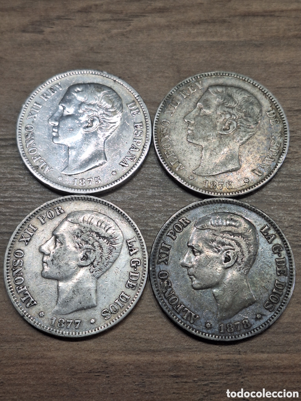 Monedas de Espa&ntilde;a: Lote de 4 monedas de 5 pesetas Alfonso XII (Correlativas) 1875-1878