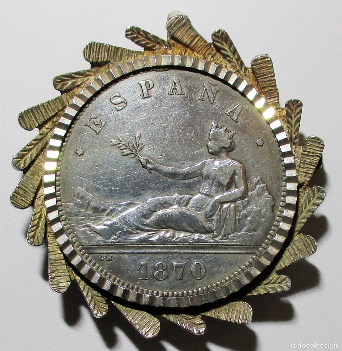 Monedas de Espa&ntilde;a: MONEDA DE LA PRIMERA REPUBLICA 5 PESETAS DE 1870 EN PRECIOSA AGUJA DE PECHO, TODO EN PLATA LOTE 5698
