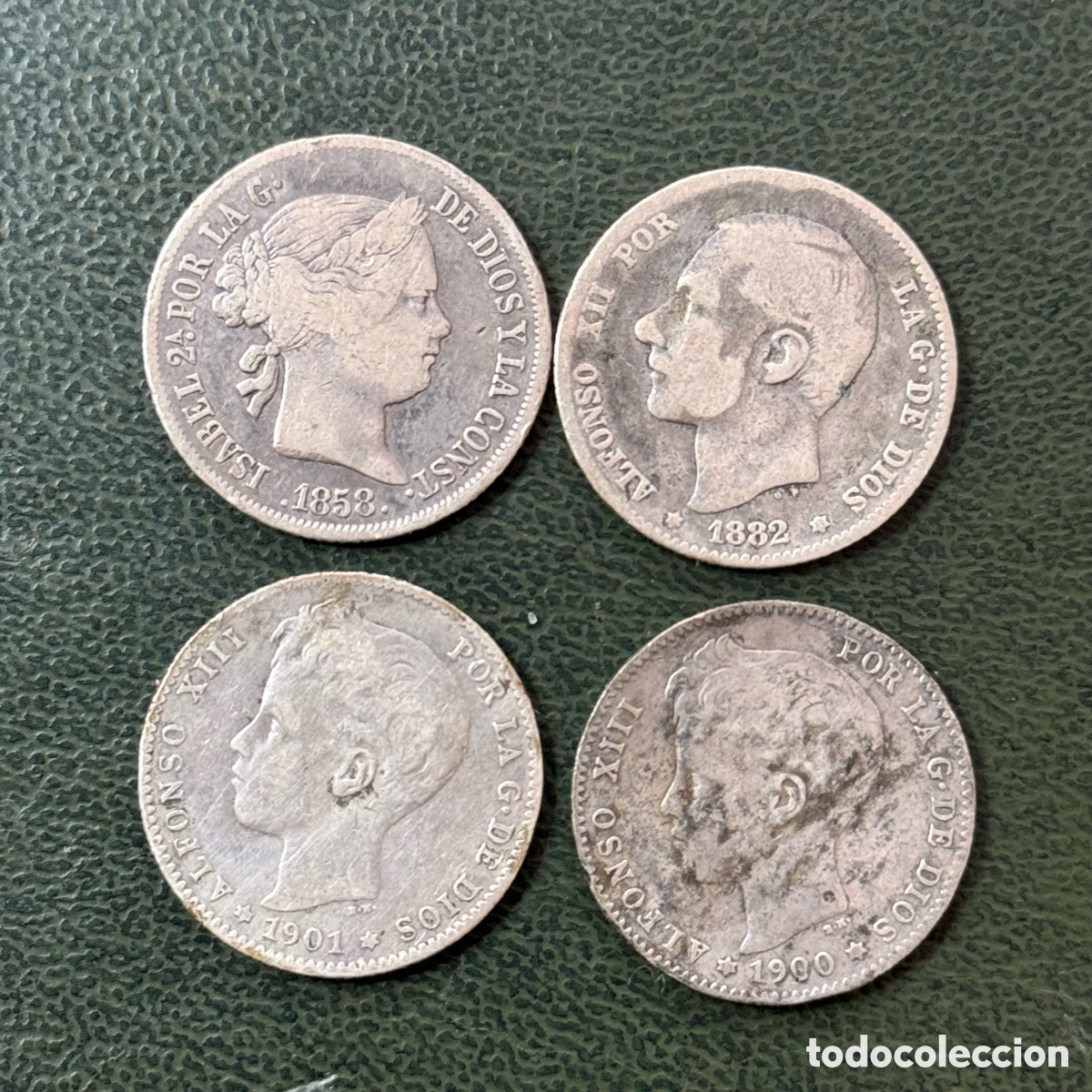 Monedas de Espa&ntilde;a: Lote de 4 monedas de Plata espa&ntilde;olas - 4 Reales 1858 / 1 Peseta 1882 - 1900 - 1901