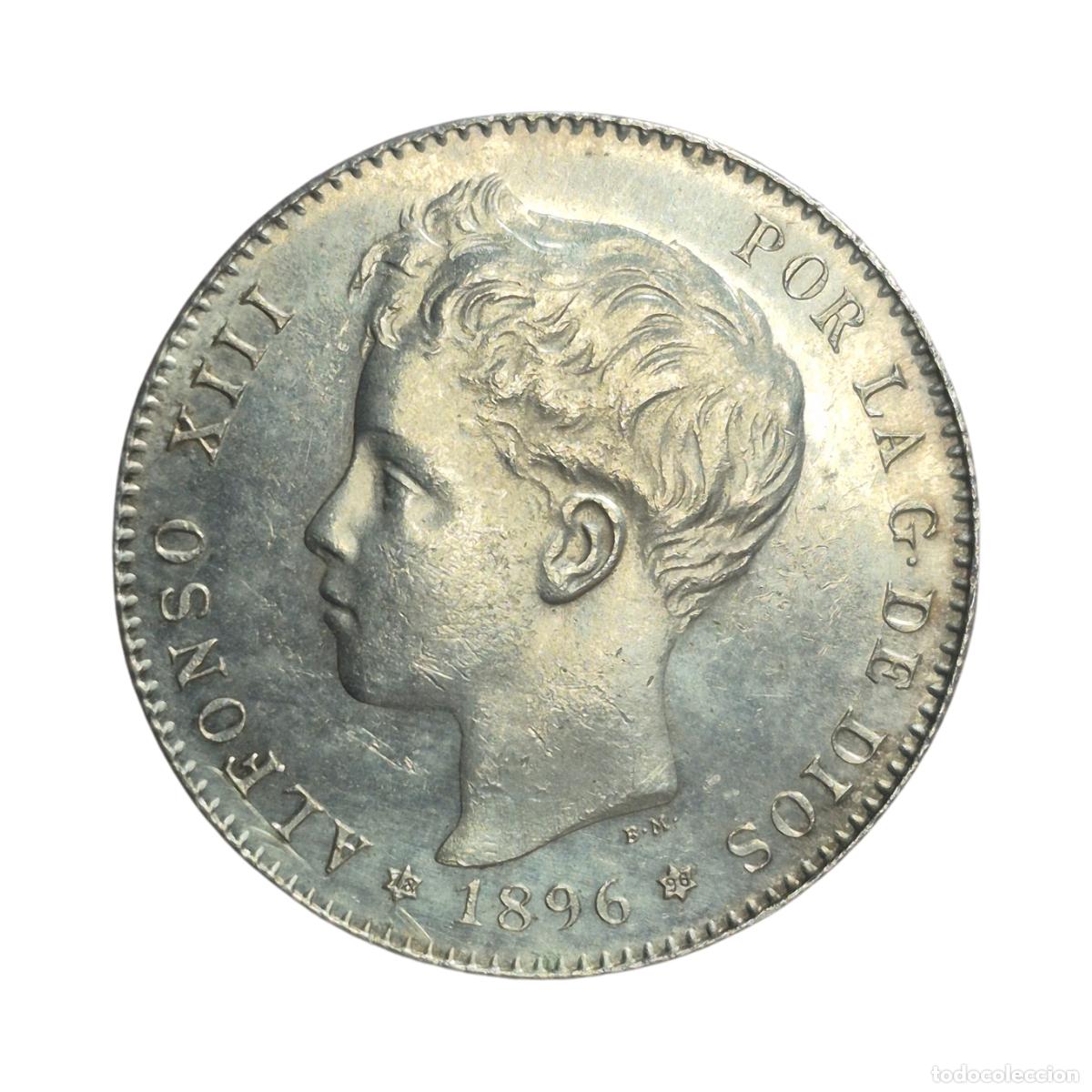 M&uuml;nzen von Spanien: NT/ ALFONSO XIII 1 PESETA PLATA 1896 *18 *96 PRECIOSA CASI SIN CIRCULAR BRILLO ORIGINAL VIDEO (E215)
