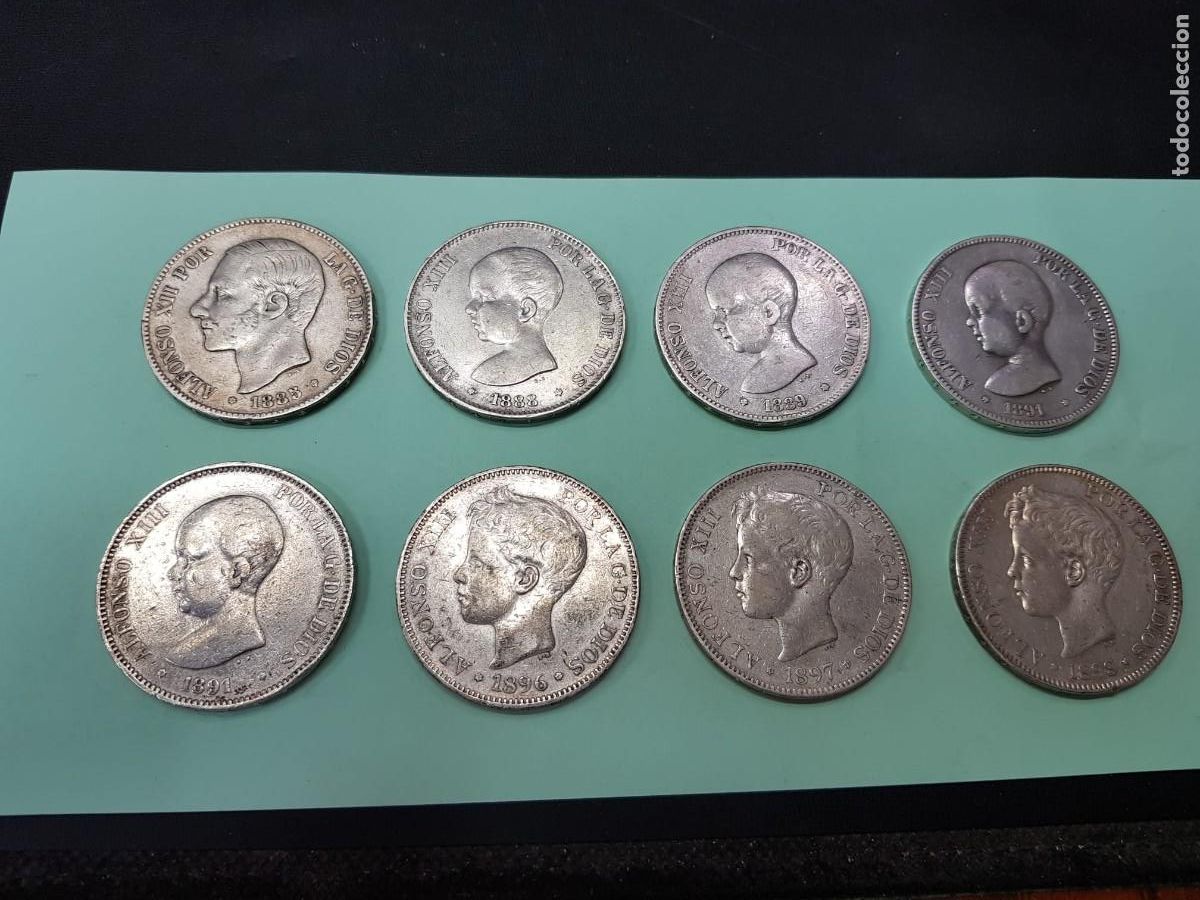 M&uuml;nzen von Spanien: LOTE DE 8 MONEDAS DE 5 PESETAS-A&Ntilde;OS 1885-1888-1889-1891-1891-1896-1897-1898