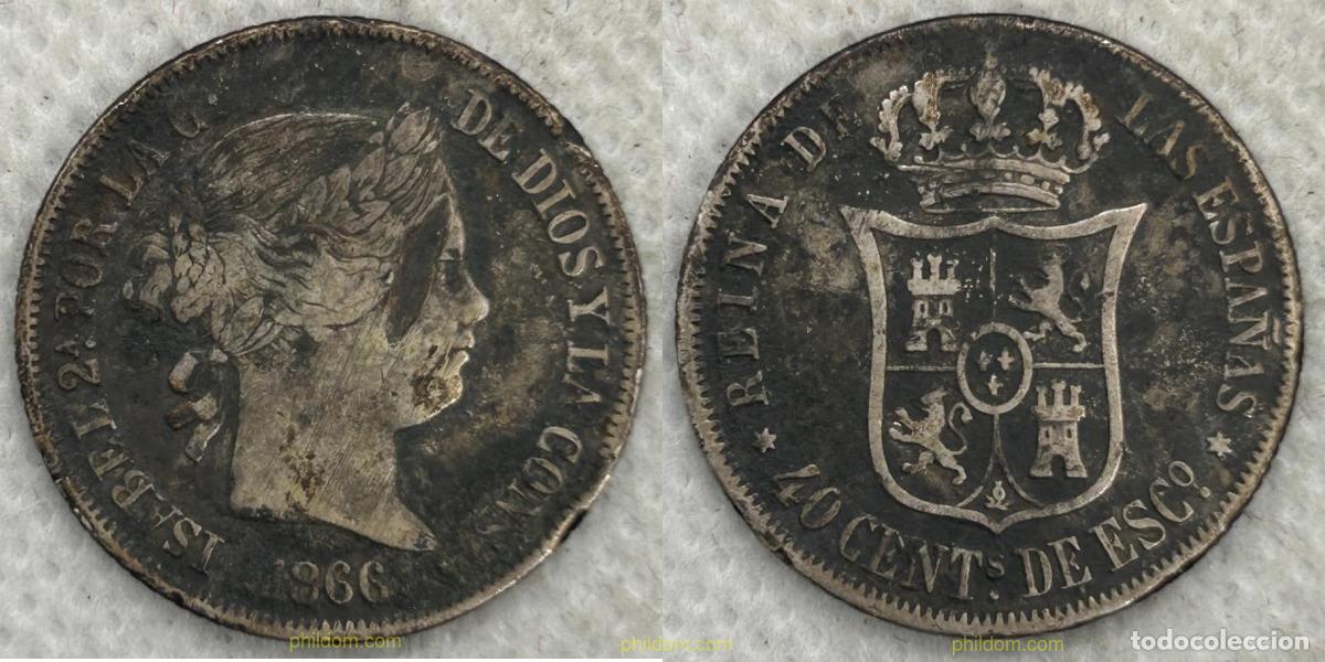 Monedas de Espa&ntilde;a: 4745 ESPA&Ntilde;A 1866 ISABEL II 1866 BARCELONA 40 CENTIMOS ESCUDO