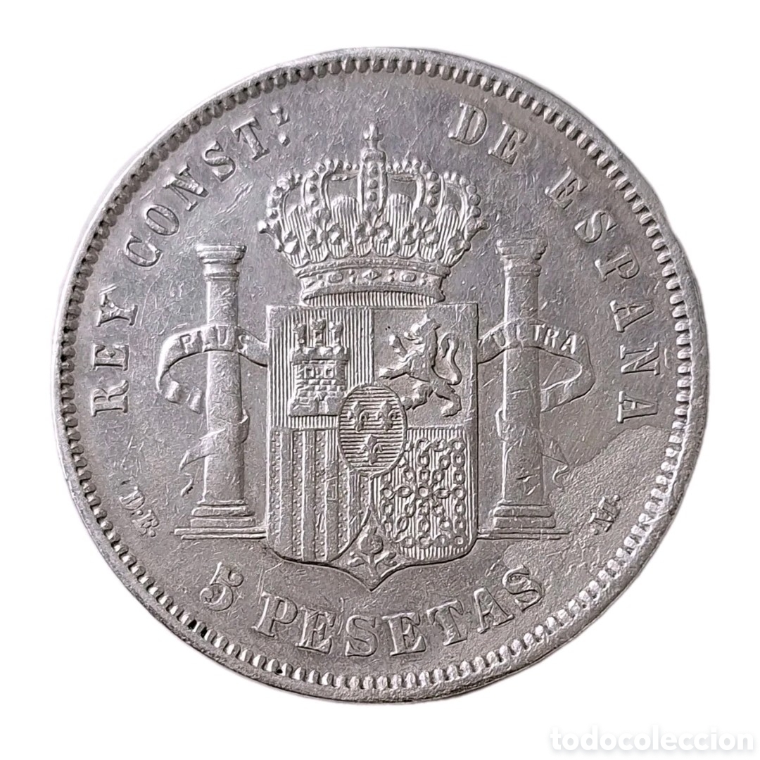 Monedas de Espa&ntilde;a: ALFONSO XII. 5 Pesetas. 1877 * 18 - 77. PLATA.