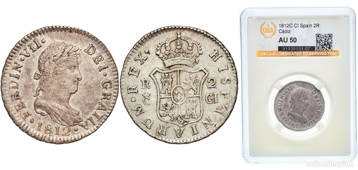 Monedas de Espa&ntilde;a: Spain Kingdom 1812 C CI 2 Reales - Fernando VII Silver (.812) C&aacute;diz Mint 6g GBCA AU KM 460.1 Cal 83