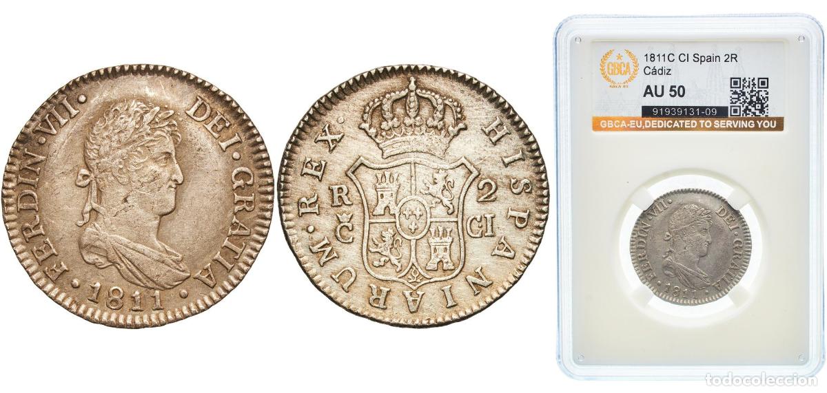 Monedas de Espa&ntilde;a: Spain Kingdom 1811 C CI 2 Reales - Fernando VII Silver (.812) C&aacute;diz Mint 6g GBCA AU KM 460.1 Cal 83