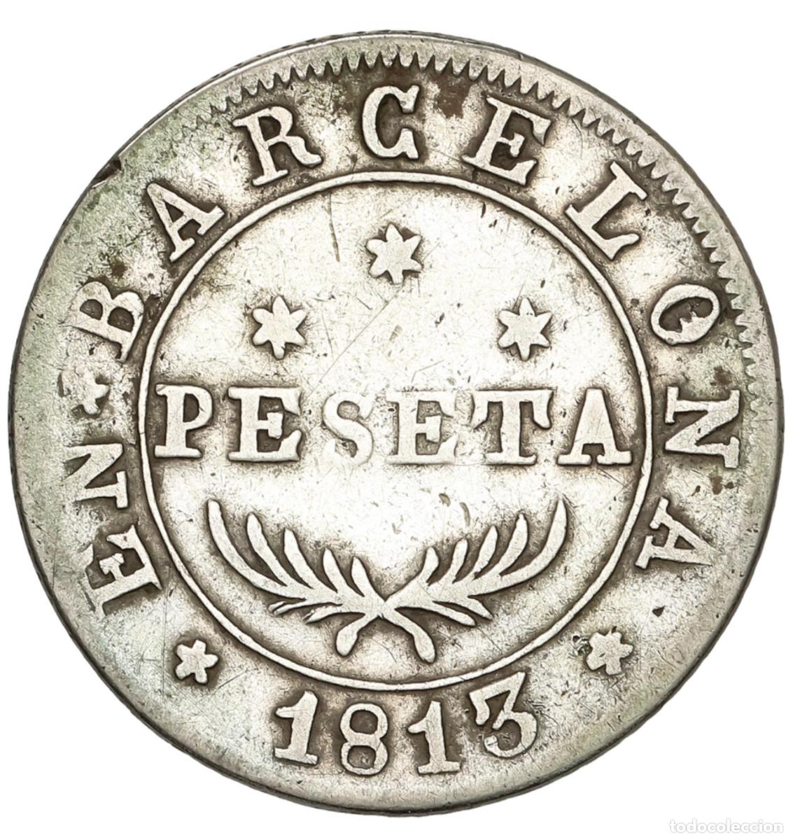 Monedas de Espa&ntilde;a: Jos&eacute; Napole&oacute;n. 1 Peseta. Barcelona. 1813. Variante (C distinta). Escasa