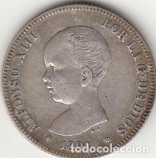 Monedas de Espa&ntilde;a: ALFONSO XIII: 2 PESETAS 1891 PGM ESTRELLAS XX-91 / PLATA - PATINA ORIGINAL