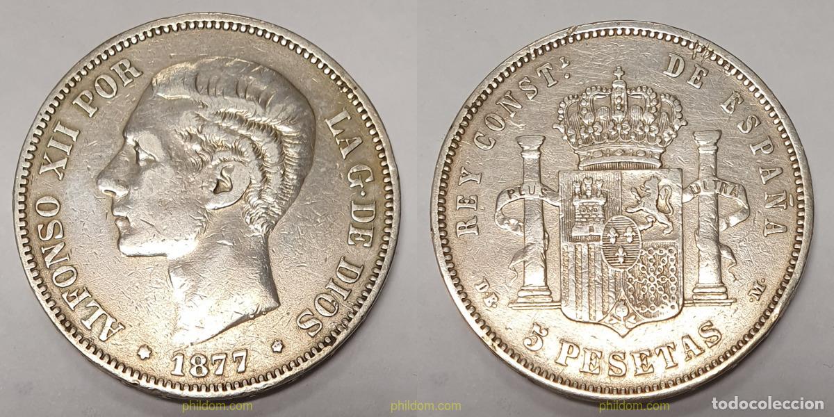 Moedas de Espanha: 251 ESPA&Ntilde;A 1877 5 PESETAS ALFONSO XII - MADRID DE M 18-77