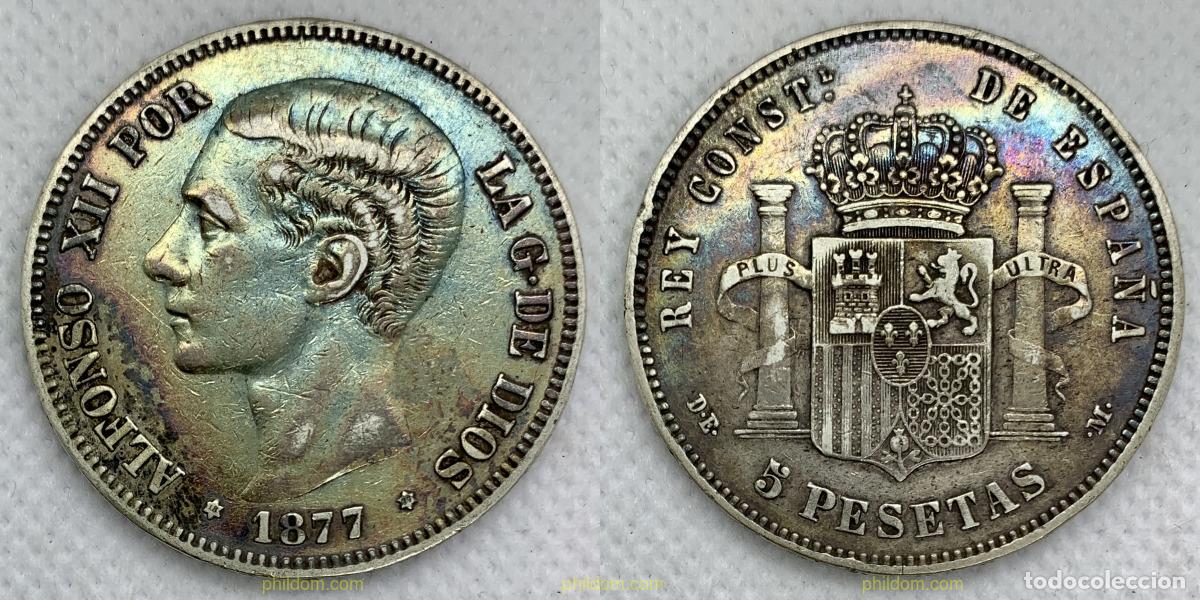 Moedas de Espanha: 2449 ESPA&Ntilde;A 1877 5 PESETAS ALFONSO XII - MADRID DE M 18-77