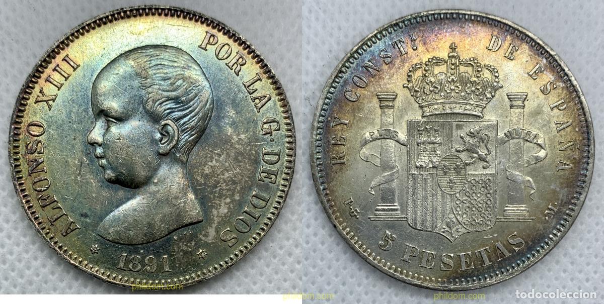 M&uuml;nzen von Spanien: 2505 ESPA&Ntilde;A 1891 ALFONSO XIII 5 PESETAS 1891 PG M