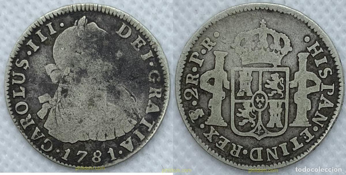 Coins of Spain: 2175 ESPA&Ntilde;A 1781 CARLOS III 1781 2 REALES PR POTOSI