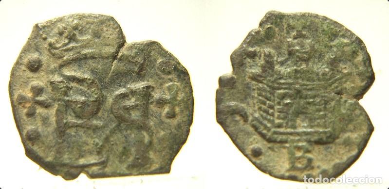 Monedas de Espa&ntilde;a: Moneda de Felipe II (1556-1598) ,Blanca de Burgos Castillo entre crecientes invertidos, B debajo