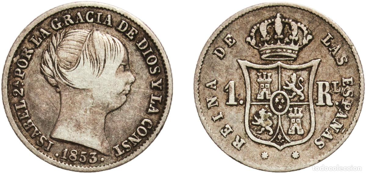 Monedas de Espa&ntilde;a: Spain Kingdom 1853 1 Real - Isabel II Silver (.900) Barcelona Mint 1.27g VF KM 598.1 Cal 398 Aureo