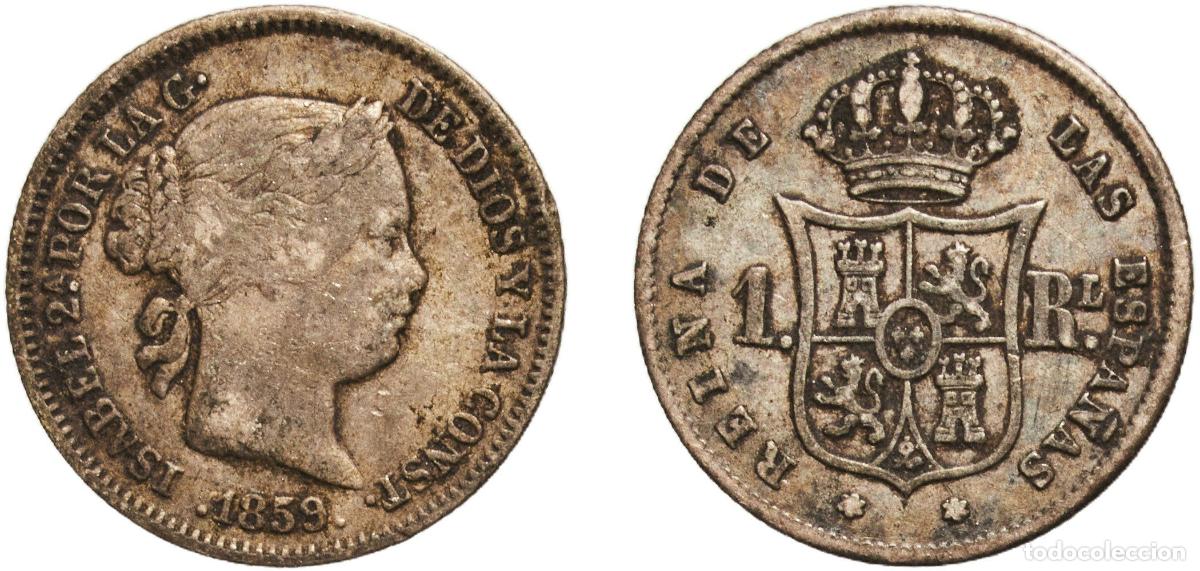 Monedas de Espa&ntilde;a: Spain Kingdom 1859 1 Real - Isabel II Silver (.900) Madrid Mint 1.25g VF KM 606.2 Cal 421 Aureo 308