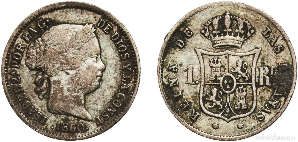 Monedas de Espa&ntilde;a: Spain Kingdom 1860 1 Real - Isabel II Silver (.900) Barcelona Mint 1.27g XF KM 606