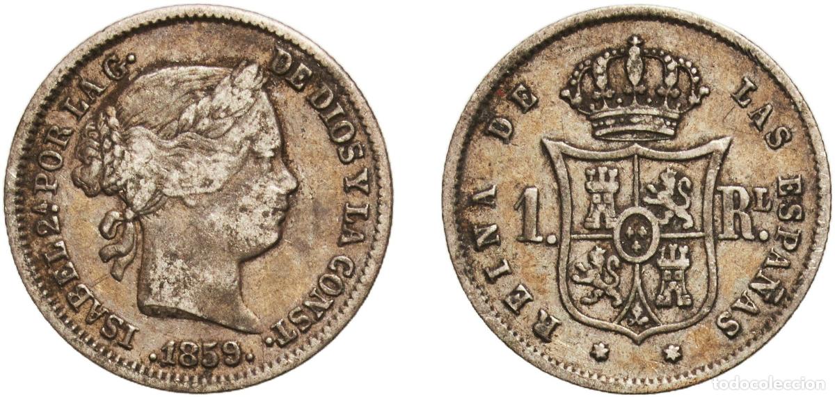 Monedas de Espa&ntilde;a: Spain Kingdom 1859 1 Real - Isabel II Silver (.900) Madrid Mint 1.27g VF KM 606.2 Cal 421 Aureo 308