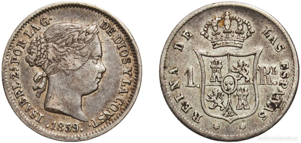 Monedas de Espa&ntilde;a: Spain Kingdom 1859 1 Real - Isabel II Silver (.900) Madrid Mint 1.23g XF KM 606.2 Cal 421 Aureo 308