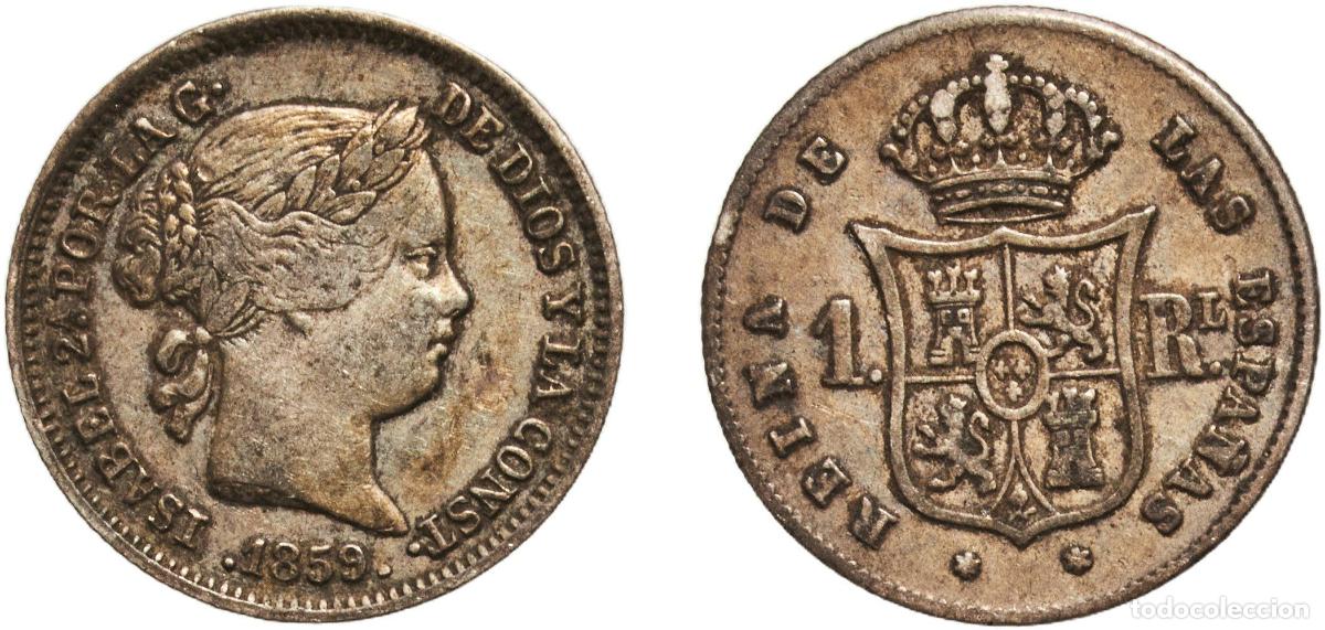 Monedas de Espa&ntilde;a: Spain Kingdom 1859 1 Real - Isabel II Silver (.900) Madrid Mint 1.21g XF KM 606.2 Cal 421 Aureo 308
