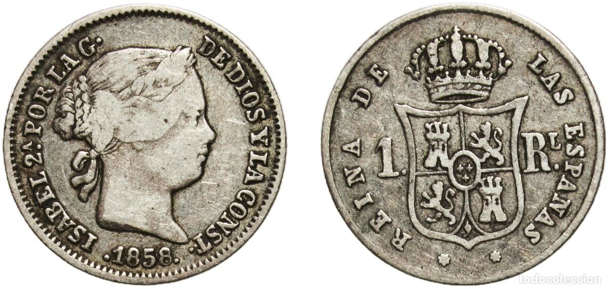 Monedas de Espa&ntilde;a: Spain Kingdom 1858 1 Real - Isabel II Silver (.900) Seville Mint 1.24g VF KM 606