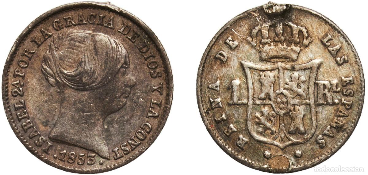 Monedas de Espa&ntilde;a: Spain Kingdom 1853 1 Real - Isabel II Silver (.900) Seville Mint 1.25g VF Mount Removed KM 598