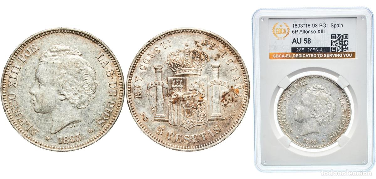 Monedas de Espa&ntilde;a: Spain Kingdom 1893 18-93 PGL 5 Pesetas - Alfonso XIII (2nd portrait) Silver (.900) (2500000) 25g G