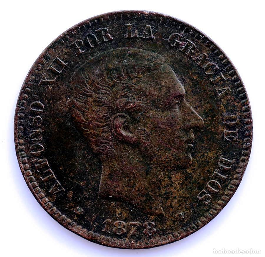 Monedas de Espa&ntilde;a: SC-Alfonso XII - 10 C&eacute;ntimos 1878 OM. Barcelona MBC+/EBC.- Cobre 10 g. Patina