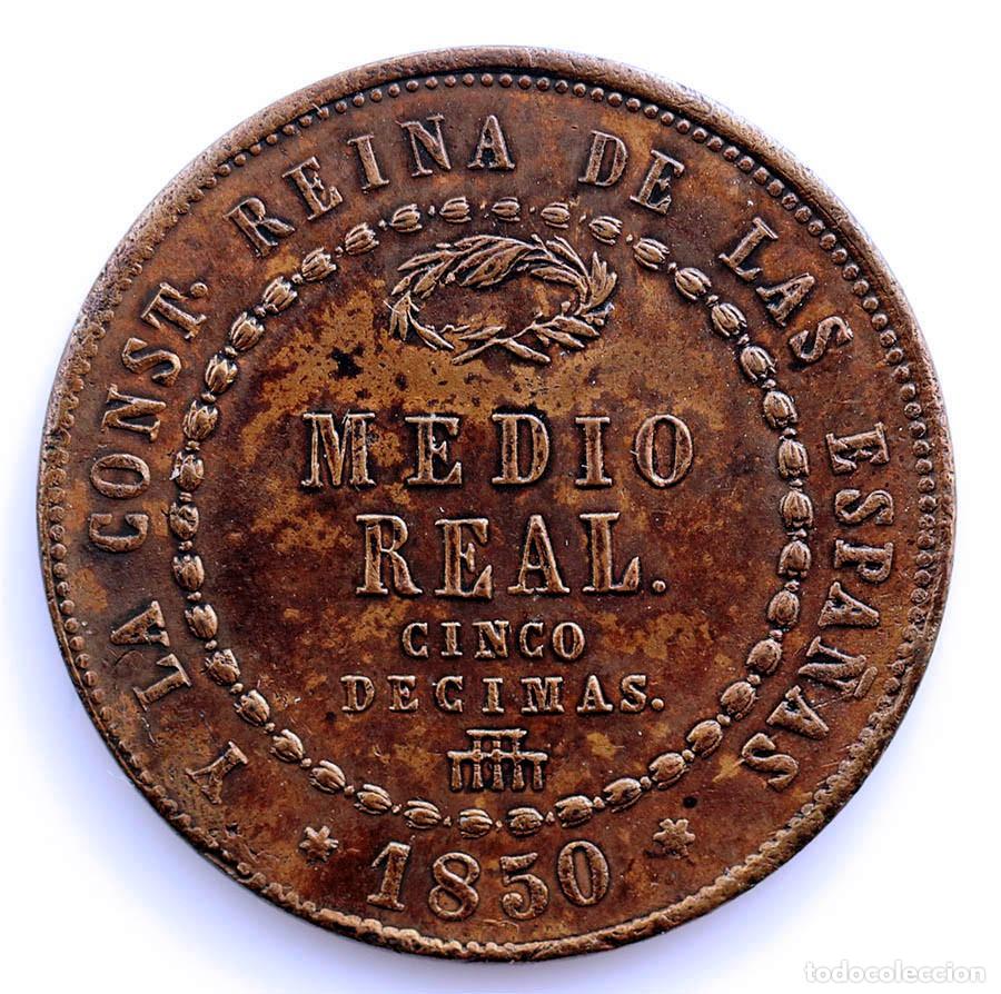 Monedas de Espa&ntilde;a: SC-Spain-Isabel II. 1/2 Real 5 decimas 1850 Segovia. EBC/XF Cobre 19,2 g