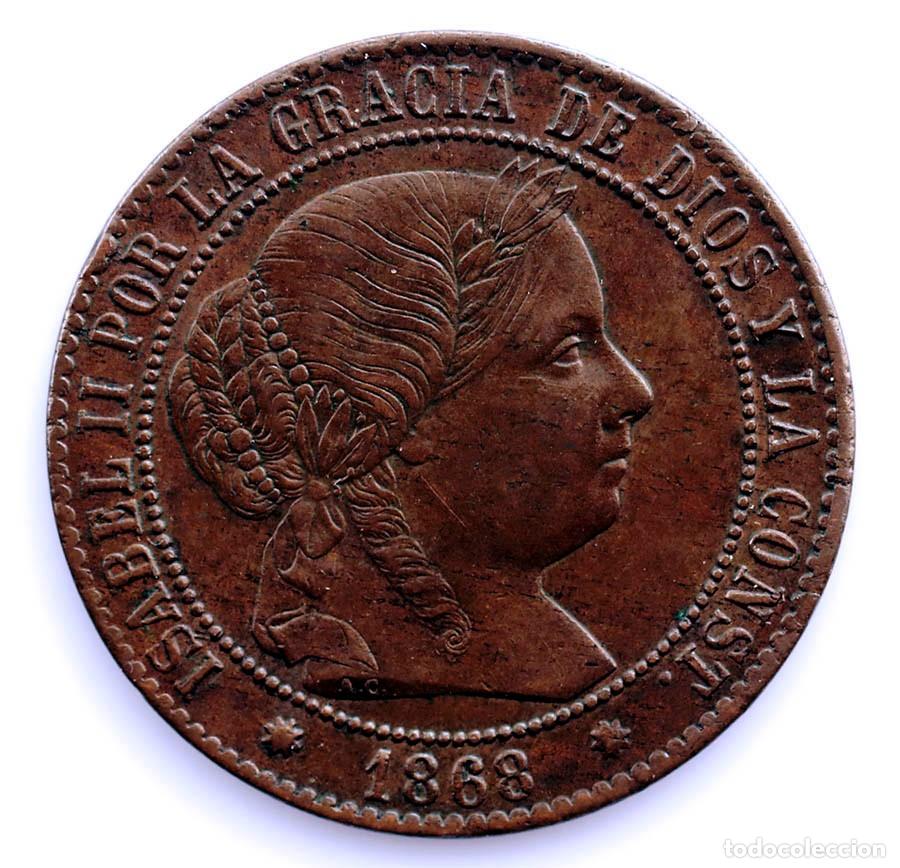 Monedas de Espa&ntilde;a: SC. Spain-Isabel II. 2 1/5 C&eacute;ntimos Escudo 1868. Barcelona MBC+/VF+ Cobre 5,9 g.