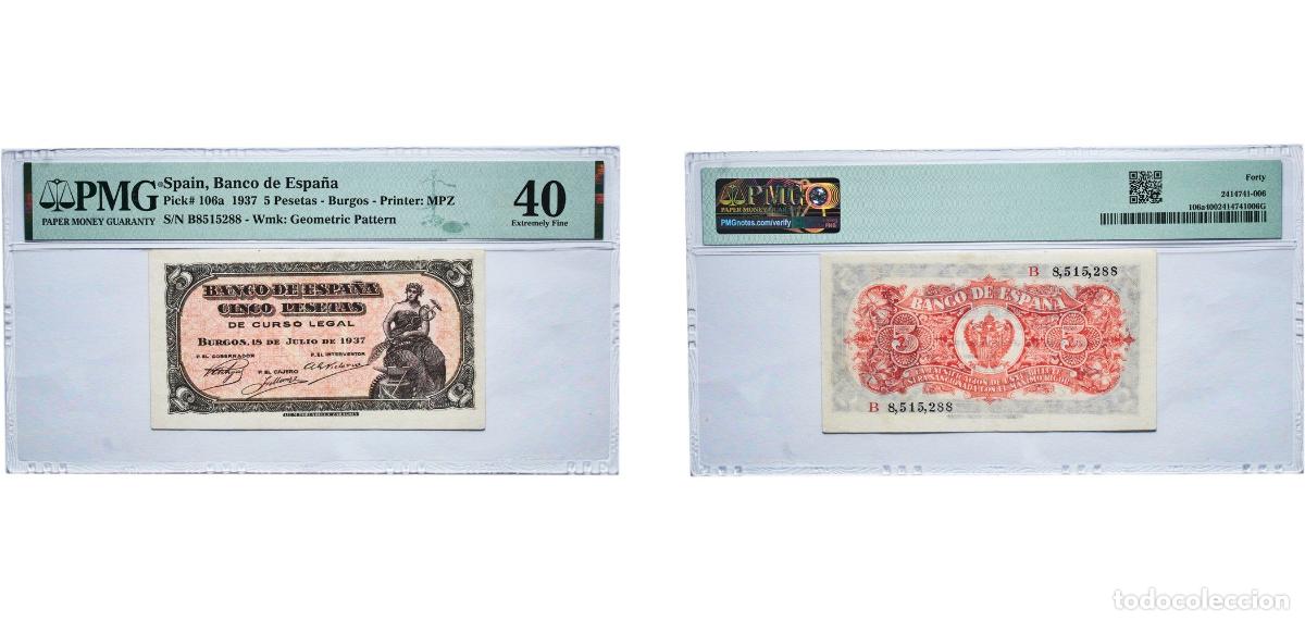 Monedas de Espa&ntilde;a: Spain Kingdom 1937 5 Pesetas -Burgos Paper PMG Extremely Fine 40 P 106a