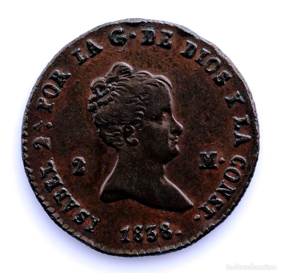 Monedas de Espa&ntilde;a: SC-Spain-Isabel II. 2 maraved&iacute;s 1838 Segovia. EBC-/EBC. Cobre 2,5 g