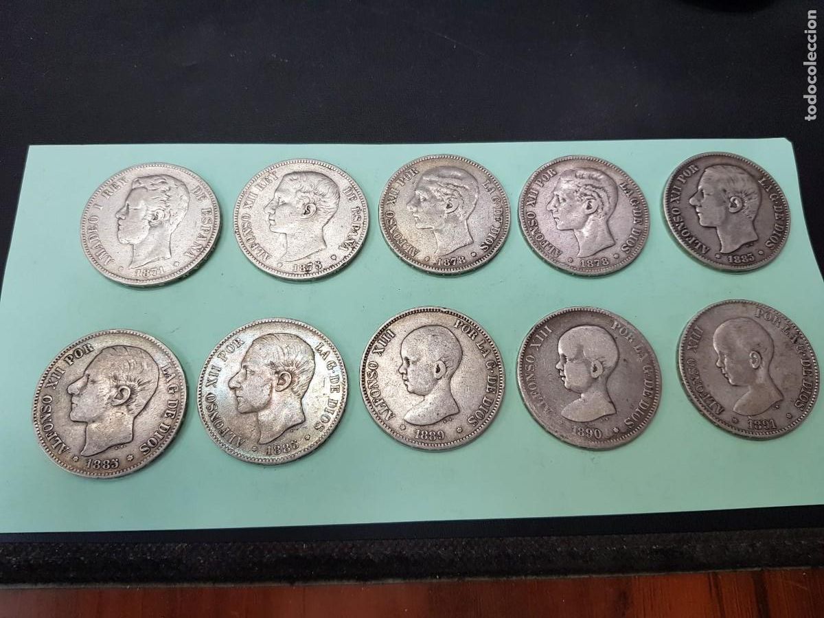 Monedas de Espa&ntilde;a: LOTE DE 10 MONEDAS DE 5 PESETAS/DUROS-AMADEO I-ALFONSO XII-ALFONSO XIII