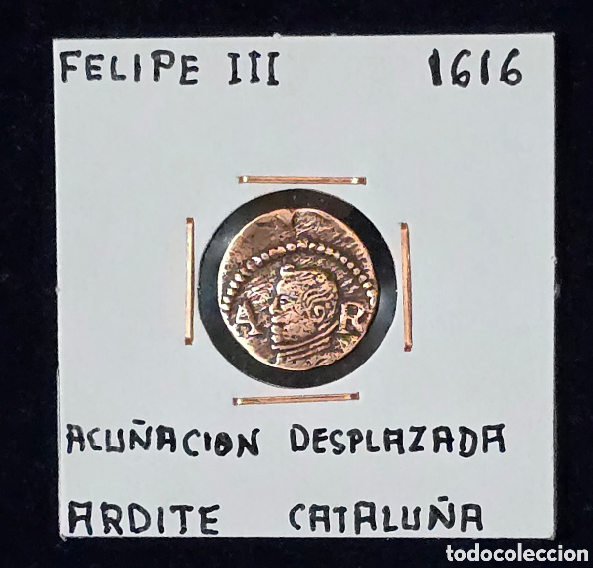 Monedas de Espa&ntilde;a: Felipe III Ardite de 1616 Catalu&ntilde;a acu&ntilde;acion desplazada