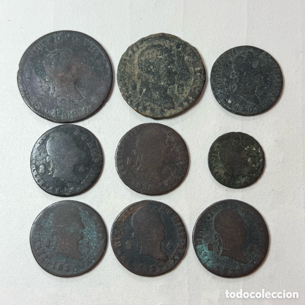 Monedas de Espa&ntilde;a: Lote de 9 monedas de Fernando VII - 8 / 4 / 2 Maraved&iacute;s