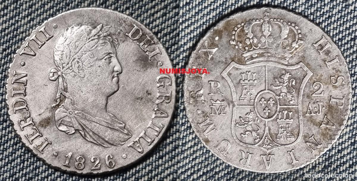 Monedas de Espa&ntilde;a: FERNANDO VII a&ntilde;o 1826 AJ. 2 Reales Plata de MADRID. Peso 5,77 gr. 25 mm. BONITA.