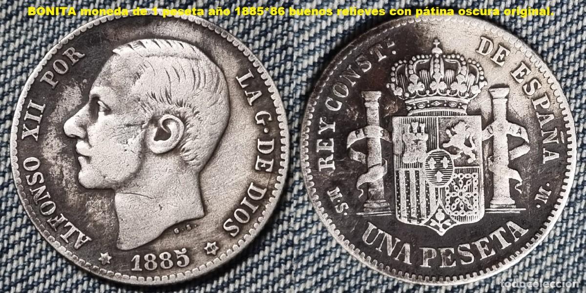 Monedas de Espa&ntilde;a: Alfonso XII a&ntilde;o 1885*86. ESCASA y BONITA moneda de 1 peseta PLATA. Peso 4,84 gr. P&aacute;tina original.