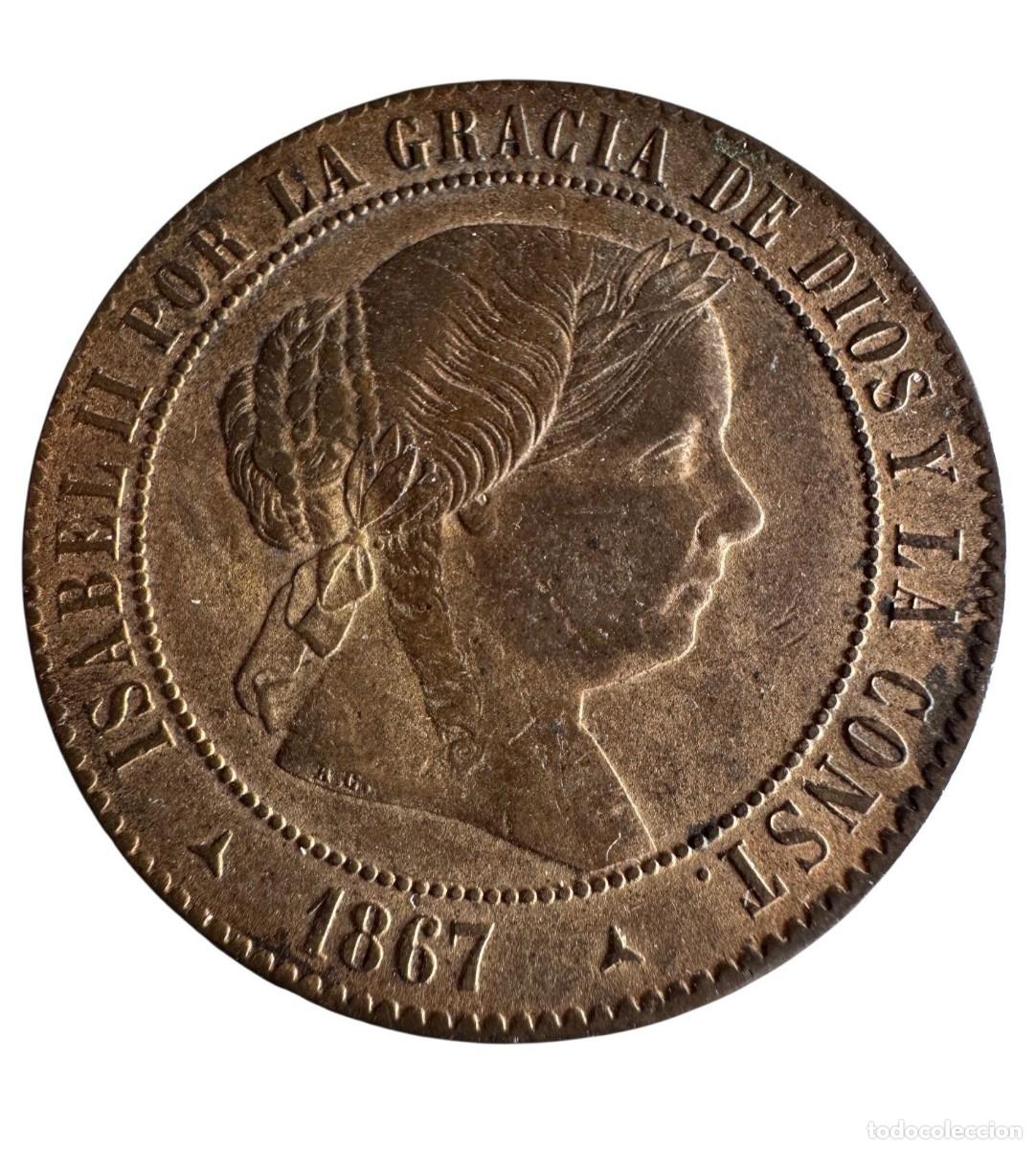 Monedas de Espa&ntilde;a: Isabel II. 5 C&eacute;ntimos de Escudo 1867 Segovia OM Ae P&aacute;tina original SC-/ Almost UNC