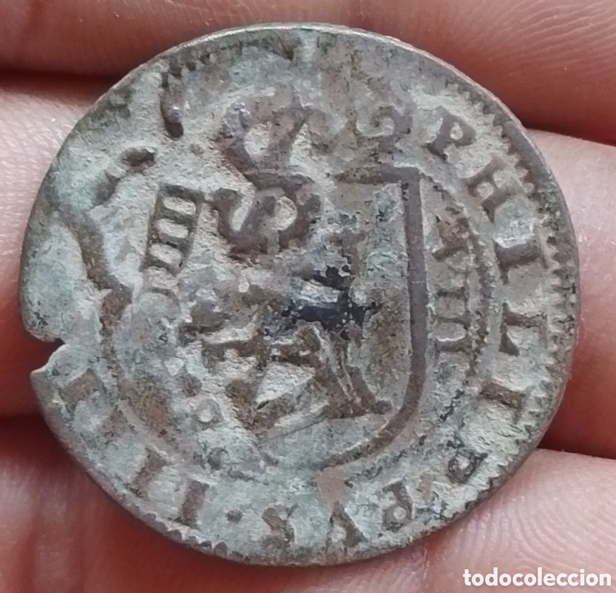 Monedas de Espa&ntilde;a: Felipe IV 8 maraved&iacute;s 1621 Segovia resello XII Sevilla SI enlazadas 1641 Resello IIII Burgos B 1659