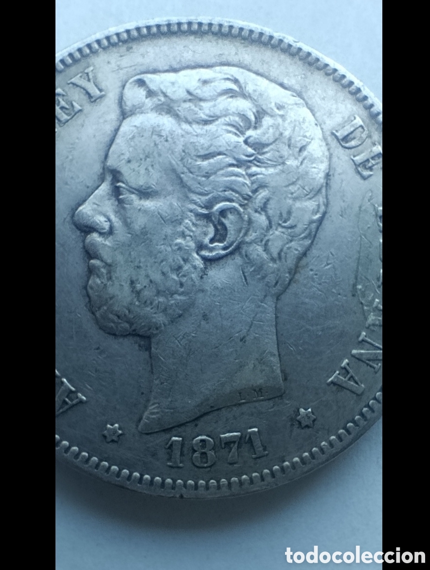 Monedas de Espa&ntilde;a: 5 pesetas de plata (duro de plata) Amadeo I, a&ntilde;o 1871, estrellas visibles *18*75.