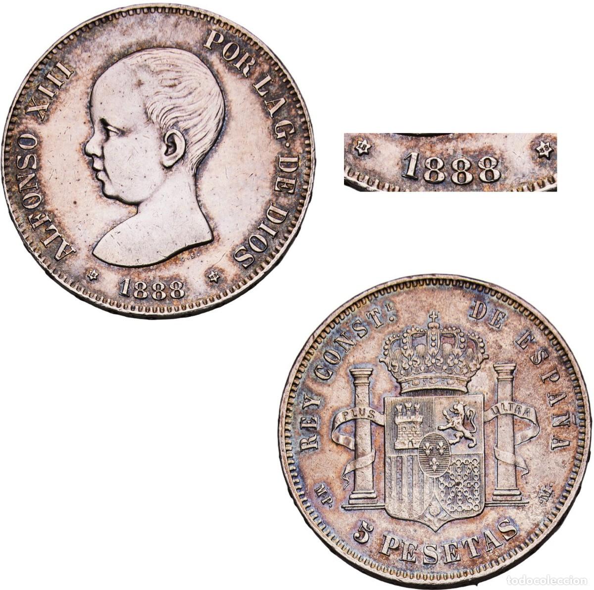 Monedas de Espa&ntilde;a: *GUTSE*760-ALFONSO XIII, 5 PESETAS 1888*18-88, MADRID MP M, PLATA, EBC.