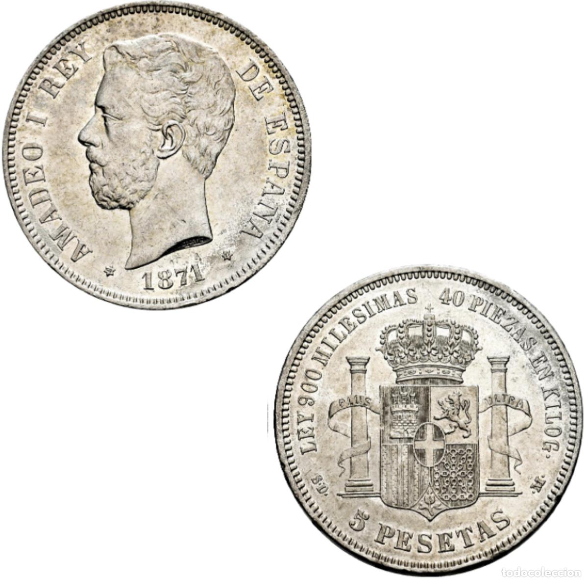 Monedas de Espa&ntilde;a: *GUTSE*23-AMADEO I, 5 PESETAS 1871*18-71, PLATA, RESTOS BRILLO ORIGINAL, EBC.